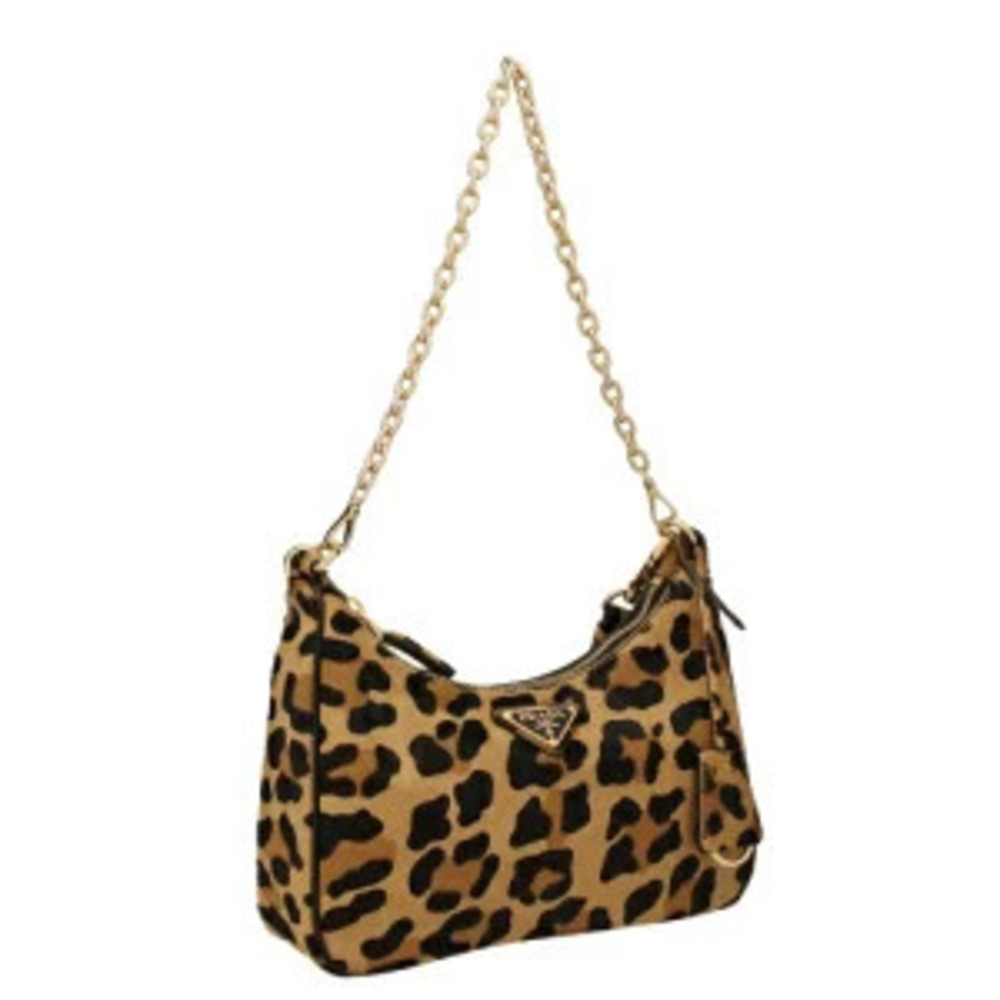 Prada Hobo haircalf Bag animal Leopard Chain Brown